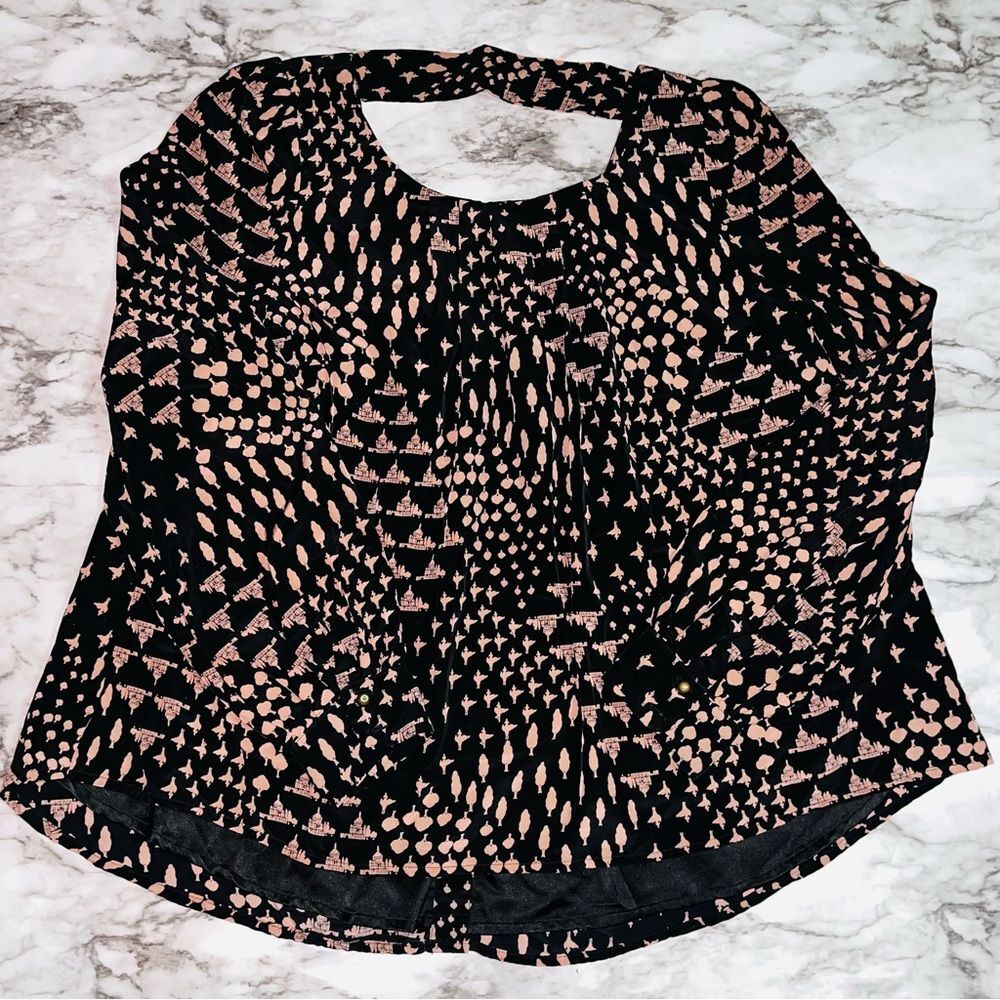 Ark & Co. Taj Mahal Blouse Keyhole Graphic Black/Tan Women M Business Artistic